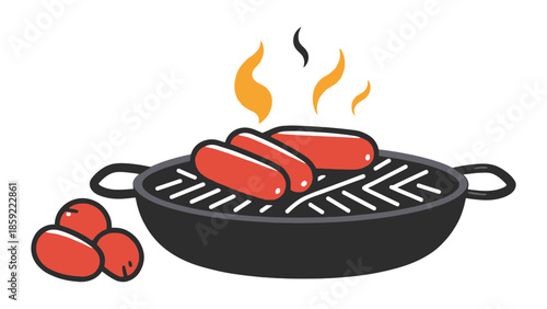 Sausages cooking on a grill with flames and tomatoes nearby.
