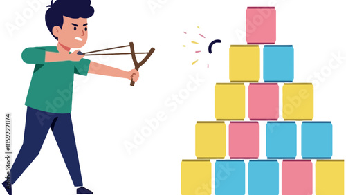 A young boy aims a slingshot at a pyramid of colorful cans.