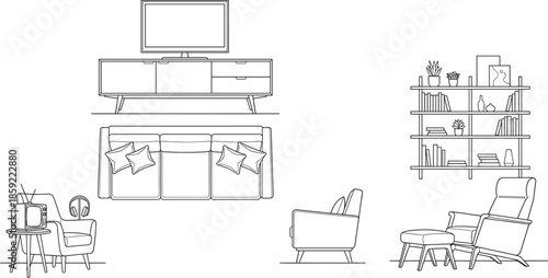 Modern living room furniture line art illustration, sofa, armchair, bookshelf, TV cabinet, interior design layout, minimal home decor, outline vector style