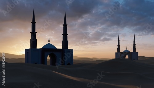 Desert Sunset Silhouette of Mosques and Minarets in Sand Dunes Symbolic Scene for Ramadan and Islamic Culture