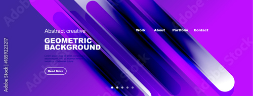 Vibrant abstract geometric background. Purple, blue hues dominate design. Text elements present, navigation visible. Modern aesthetic.