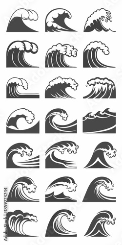 A collection of stylized black and white wave illustrations in a grid pattern