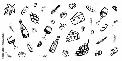 A charming hand drawn collection of wine cheese bread and fruit elements