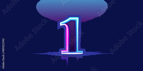 Illuminated neon number one against a dark blue and purple gradient background
