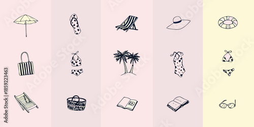 Summer vacation essentials A collection of beach items in a minimalist style