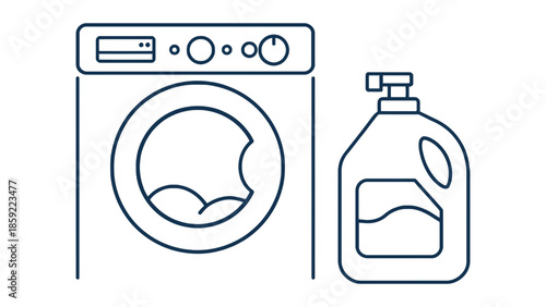 A washing machine and a bottle of laundry detergent are shown.
