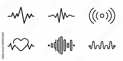 Collection of simple black line drawings depicting sound waves and heartbeats