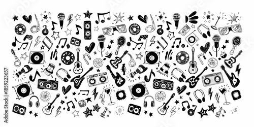 A playful collection of music themed doodles and icons in black and white