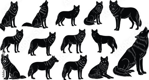 wolf, predator, silhouette, vector, wildlife, animal, howling, wilderness, canine, hunter, forest, pack, nature, black, collection,