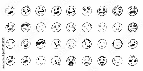 Collection of various black and white hand drawn facial expressions and emoticons