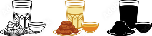 Ramadan iftar set with dates, glass of water, and bowl in three different graphic