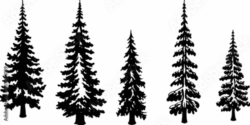 Silhouetted evergreen trees stand against a plain white background