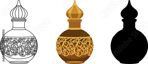 Luxury Arabic oud perfume bottle set in line art, flat color, and silhouette styles.