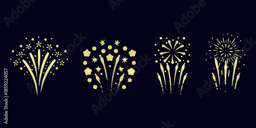 Golden firework displays against a dark background with varied bursts and trails