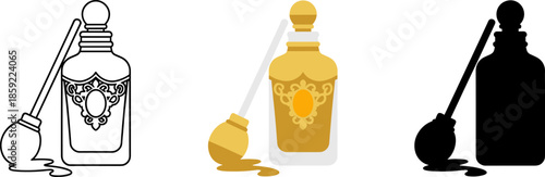 Luxury Arabic oud perfume bottle set in line art, flat color, and silhouette styles.