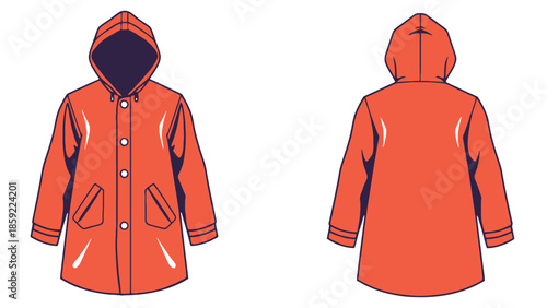 A bright orange hooded raincoat is shown from the front and back.