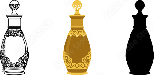 Luxury arabic oud perfume bottle set featuring line art, flat color, and solid silhouette versions.