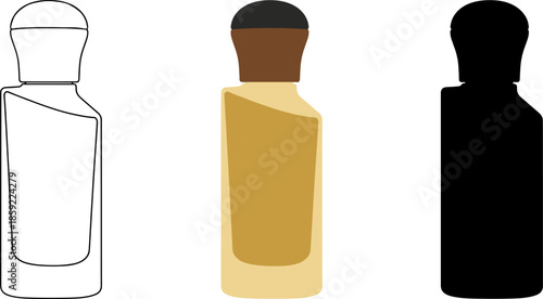 Luxury arabic oud perfume bottle set in line art, flat color, and black silhouette styles.