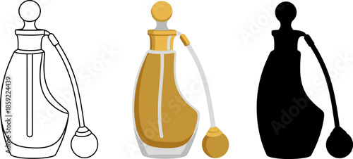 Luxury arabic oud perfume bottle collection in line art, colorful flat design, and solid silhouette versions.