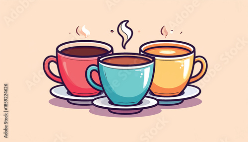 Three steaming cups of coffee in red, blue, and yellow.