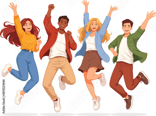 Exuberant Leap: a vibrant illustration showcasing four young individuals leaping with unbounded energy and optimism.