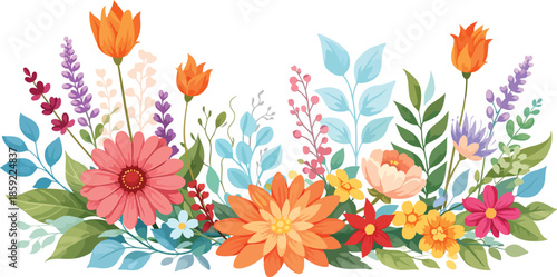 Blooming Floral Arrangement: A vibrant composition of varied flowers in full bloom. It captures the essence of spring, showcasing a symphony of colors and delicate petals.