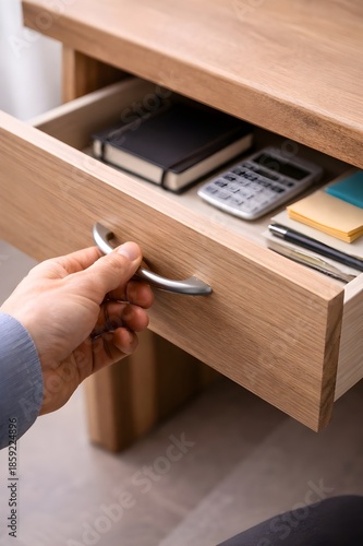 Person's hand reaching to open a wooden desk drawer filled with essential office supplies like a notebook, calculator, and sticky notes, showcasing organized workspace storage