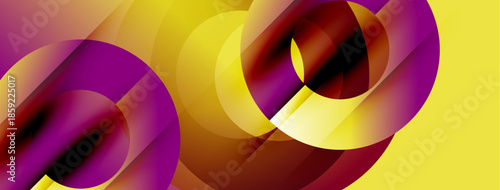 Abstract composition featuring swirling shapes. Vivid purple, gold, brown hues create dynamic visual effect. Smooth gradients define forms.