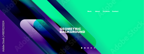 Abstract geometric background. Vibrant colors blend, creating modern design. Text displays work, about, portfolio, contact options.