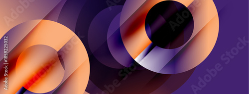 Abstract composition featuring overlapping orange circles, purple backdrop. Modern design, smooth gradients, dynamic shapes create visual interest.