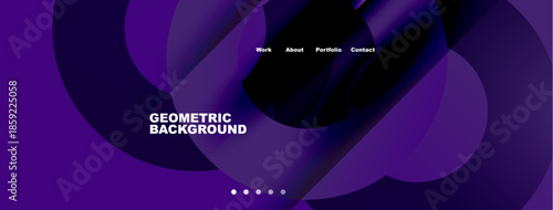 Abstract purple design features flowing shapes, text elements. Minimalist aesthetic suitable for website header or presentation.