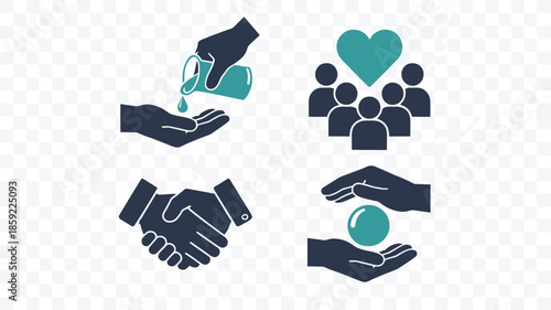 Hand icons representing charity and teamwork in simple flat design with dark blue and teal colors on transparent background for non-profit organizations