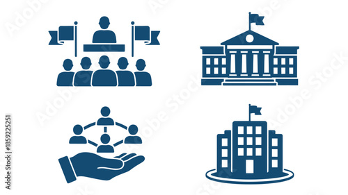 Government Institution Icons in Simple Flat Design with Blue Color Scheme on White Background for Web Graphics