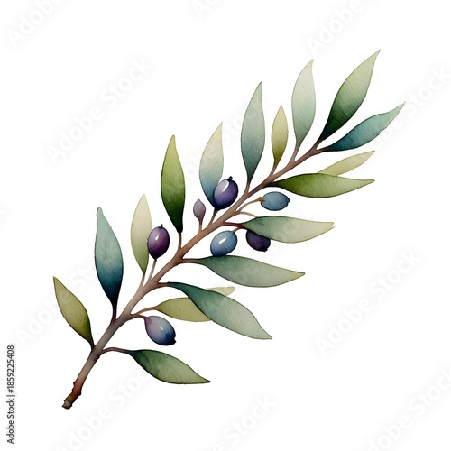 Olive branch with green leaves and purple olives