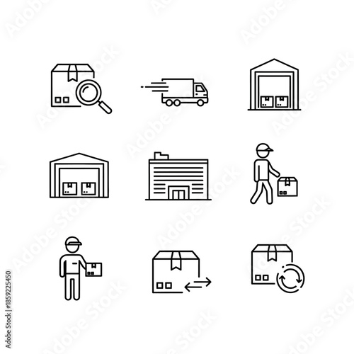 Logistics and supply chain icons depicting warehouse delivery and package handling