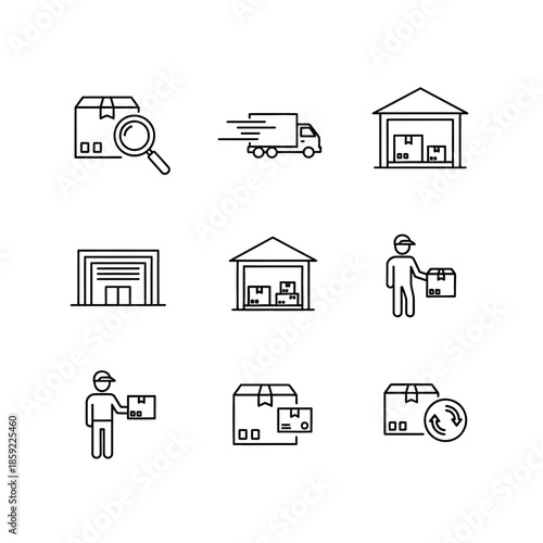Logistics and warehousing icons depicting storage delivery and package handling processes