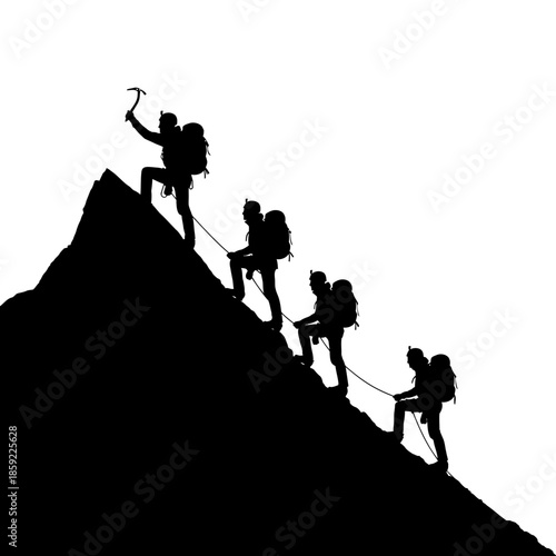 Silhouette of a team of climbers ascending a steep mountain slope