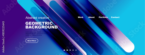 Dynamic abstract design. Blue gradients, geometric shapes create modern visual impact. Website header with navigation options present.