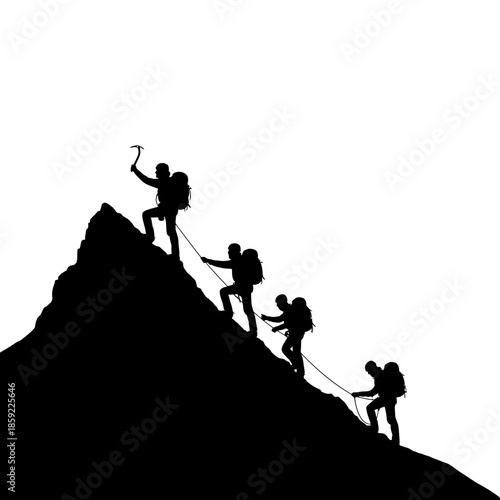 Silhouettes of climbers ascending a rocky mountain peak with ropes