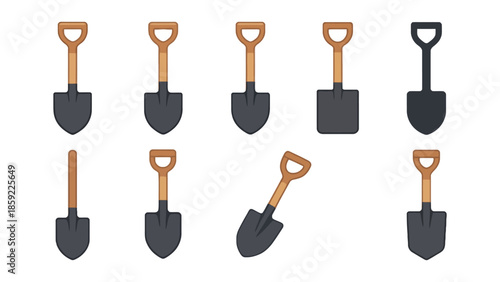 A collection of various shovels with wooden handles on a white background.