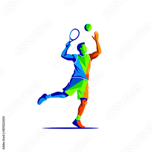 A vibrant colorful illustration depicts a tennis player preparing to serve