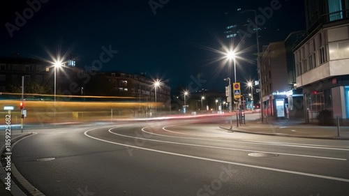 Nightscape time-lapse: Urban transport blurs in motion, creating streaks of light in city streets