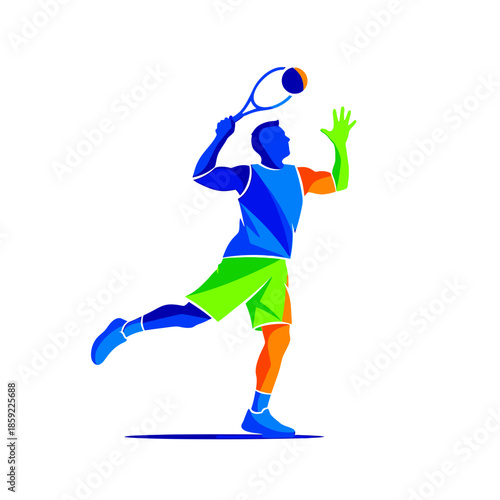 Dynamic tennis player in action illustrated with vibrant geometric shapes