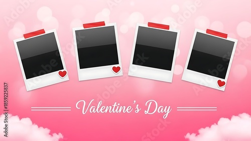 Four Polaroid-style photo frames with black images and heart stickers displayed on a pink cloudy Valentine's Day background