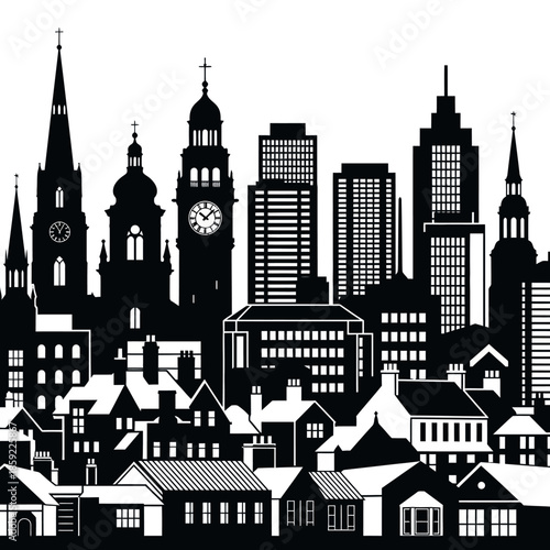 A striking black and white silhouette of a dense urban cityscape