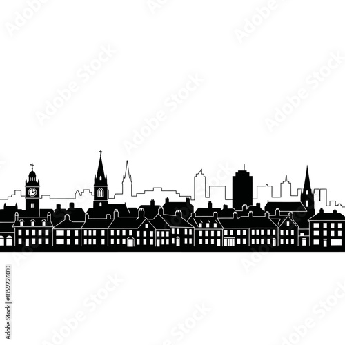 A striking black and white silhouette of a european city skyline