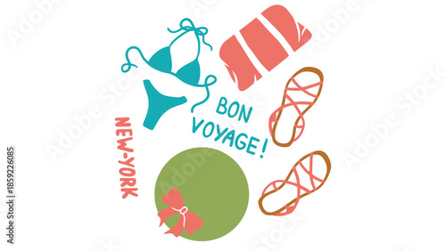 A collection of travel items and the phrase 'Bon Voyage!' is displayed.