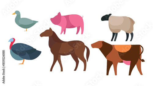 A collection of farm animals including a duck, pig, sheep, turkey, horse, and cow.