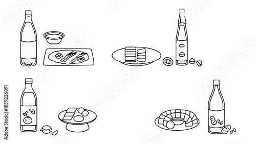 Four different food and drink arrangements are depicted in this illustration.