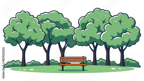 A solitary wooden bench sits in a park surrounded by lush green trees.